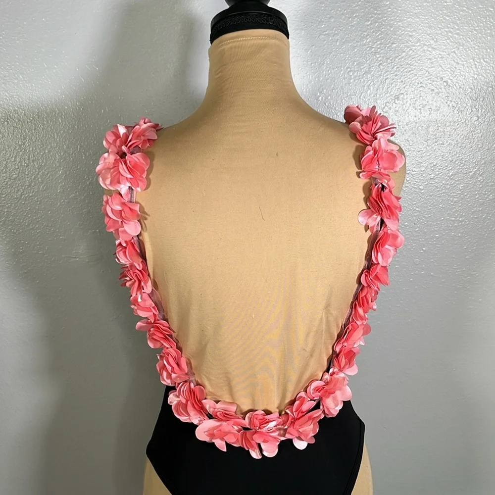Black pink floral appliqué Scoop Back OnePiece cheeky Swimsuit S coquette resort - Picture 9 of 11